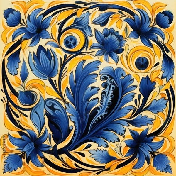 Fototapeta Retro vintage floral pattern, Ukrain glazed tile, abstract floral ornament, slavic painting, generative ai illustration
