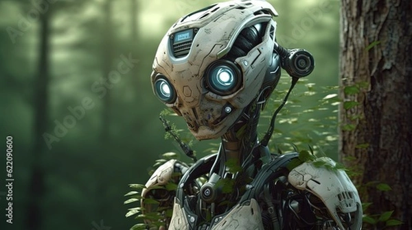 Fototapeta Big robot in forest. Close-up. Generative AI