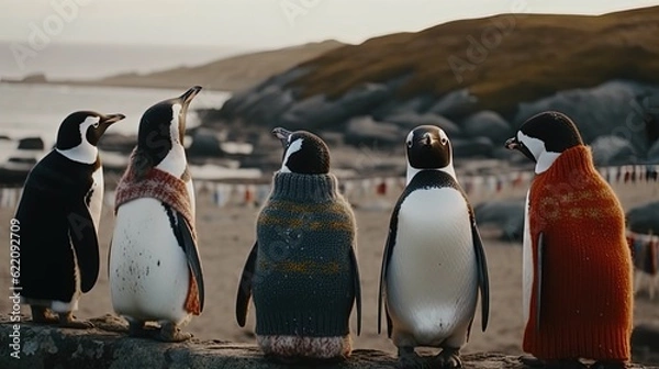 Fototapeta Group of penguins in sweaters. Generative AI