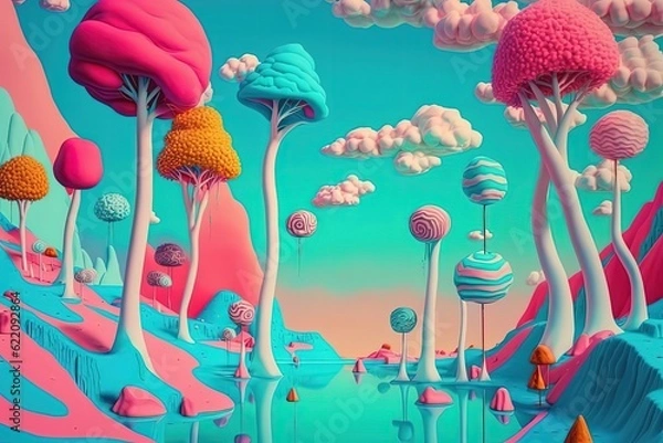 Fototapeta Abstract landscape of heaven. Surreal fantasy landscape of wonderland. Generative AI