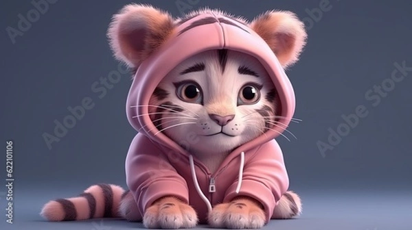 Fototapeta Cartoon tiger wearing pink sweater. Close-up cute baby tiger character. Happy. Generative AI