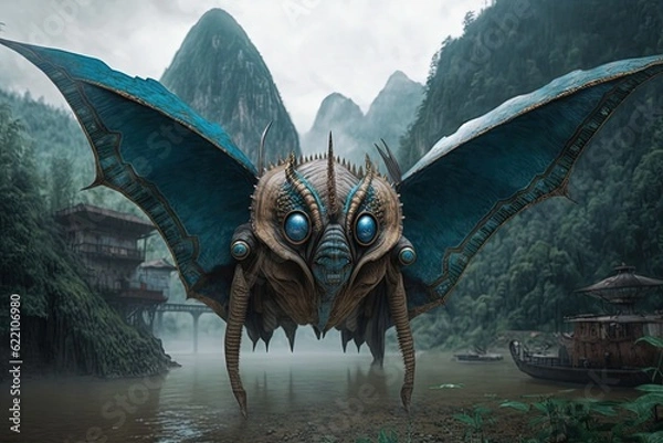 Fototapeta Giant insect creature flying through lake in mountains. Generative AI