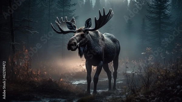 Fototapeta Moose in misty forest. Generative AI