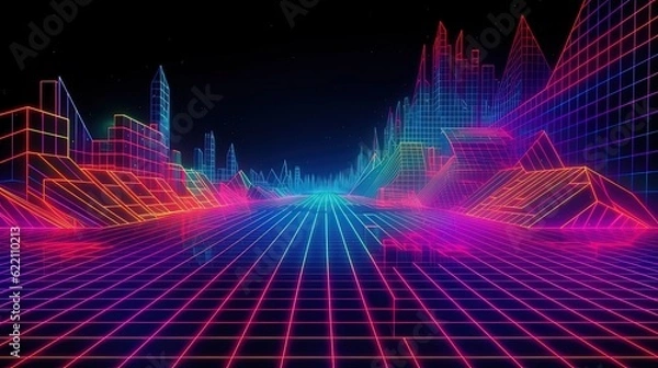 Fototapeta Synthwave lasers grids. Generative AI