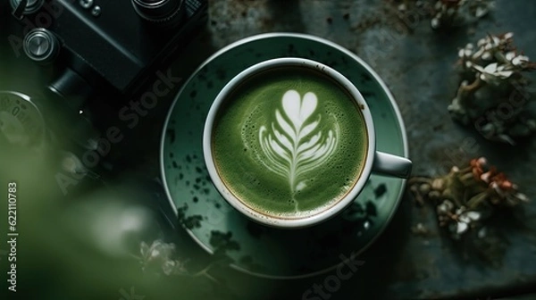 Fototapeta View from above of matcha latte. Generative AI