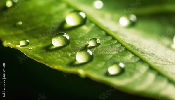 Fototapeta Vibrant green foliage leaf adorned with dewdrops, showcasing the beauty of nature's fragility. Generative AI