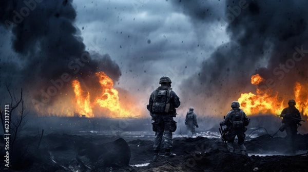 Obraz War concept.  A person looks at the destruction after the explosion