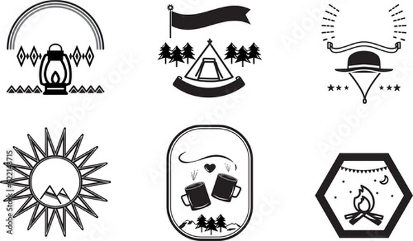 Fototapeta アウトドア・キャンプロゴマーク　文字なし（白黒）