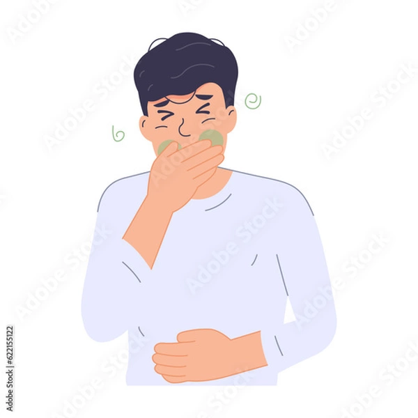 Fototapeta Sick man with nausea, hand holding his mouth. modern trendy style. Hand drawn vector character illustration. Isolated on white background.