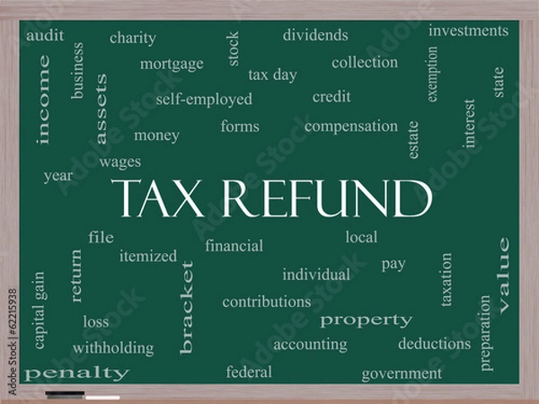 Fototapeta Tax Refund Word Cloud Concept on a Blackboard