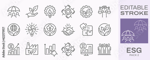 Fototapeta ESG icons, such as environment social governance, ecology, financial performance, sustainable developmen and more. Editable stroke.