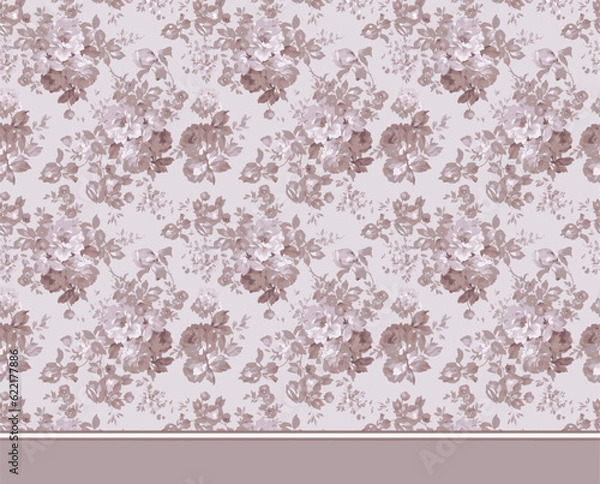 Fototapeta flowers and leaves pattern illustration. Peony, lily, daisy floral vintage elements fabric texture. White color background..