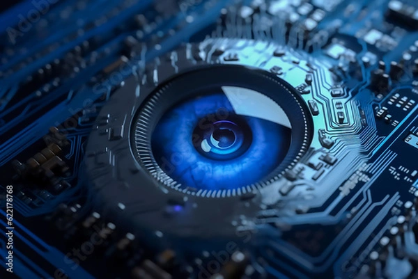 Fototapeta Illustration of a technology concept, Human eye embedded in the circuit board with blue color  tone. 
