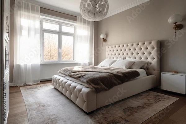 Fototapeta Modern and simple bed-room interior, suitable for catalog cover photos in magazines or advertisements. Generative AI