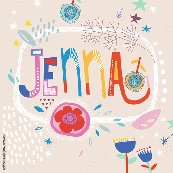 Fototapeta Bright card with beautiful name Jenna in flowers, petals and simple forms. Awesome female name design in bright colors. Tremendous vector background for fabulous designs