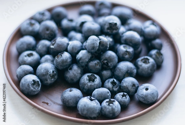 Obraz Blueberries on the plate. Blueberries in ceramic bowl on white background. Antioxidant berries. Raw food. Sweet ripe berries. Healthy dieting. Summer harvest.