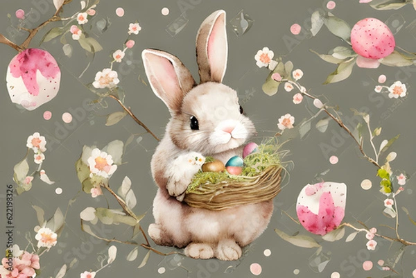Fototapeta a bunny and easter eggs. generative ai