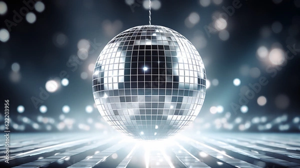 Fototapeta silberne Spiegel Discokugel mit Lichtern und Lichteffekten. Querformat. Generative Ai.