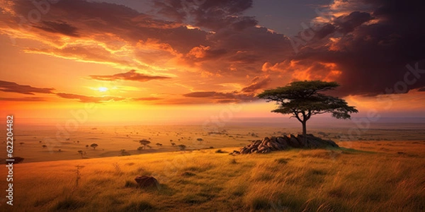 Fototapeta African Savannah View o zachodzie słońca. Generatywny AI