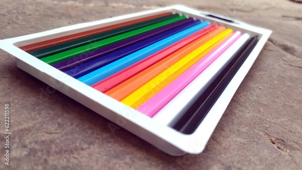 Fototapeta many drawing colour pencil in a box