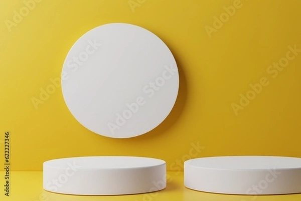Obraz Set of white realistic 3d cylinder pedestal podium with pastel yellow semi circle backdrop. Abstract vector rendering geometric platform. Product display presentation. Minimal scene.