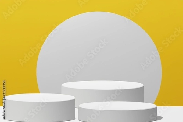 Obraz Set of white realistic 3d cylinder pedestal podium with pastel yellow semi circle backdrop. Abstract vector rendering geometric platform. Product display presentation. Minimal scene.