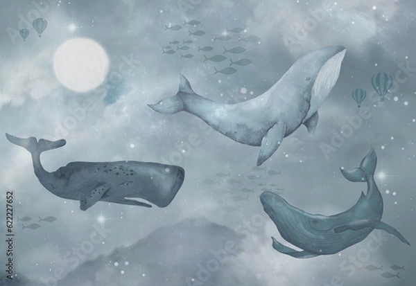Fototapeta Flying whales on the background of the starry sky in the clouds wallpaper