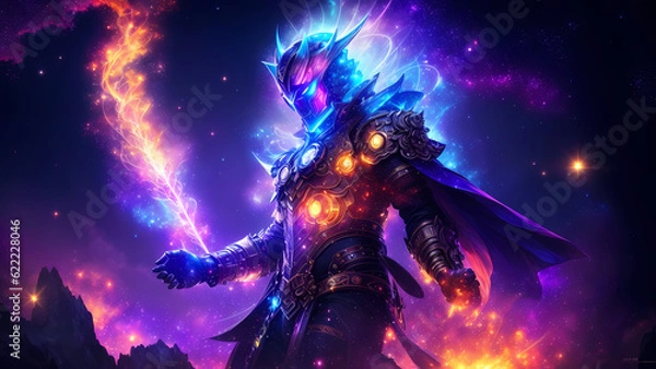 Fototapeta A cosmic knight at the center of a magical world in a realistic anime style, Generative AI