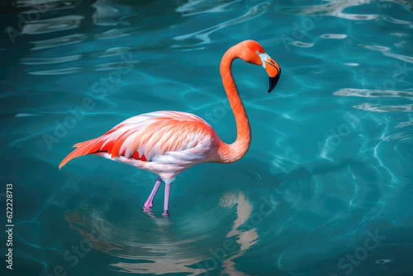Fototapeta Close-up of pink flamingo bird with pink feathers on bright blue water lake background. Natural beautiful wallpaper with unusual bird. Generative AI professional photo imitation.