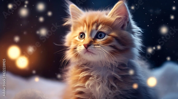 Fototapeta A kitten in the snow, surrounded by golden twinkling lights of garlands. Generative AI
