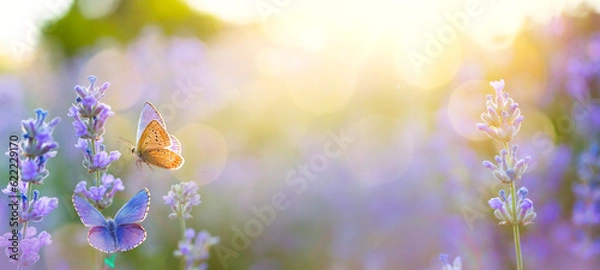Fototapeta Summer Wild flowers and Fly Butterfly in a meadow at sunset. Macro image, shallow depth of field. Abstract summer nature background