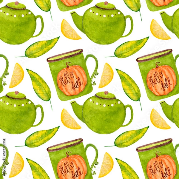 Fototapeta Watercolor pattern with cup, lemon, pot and green leaves on white background. For various products, wrapping, decor etc.