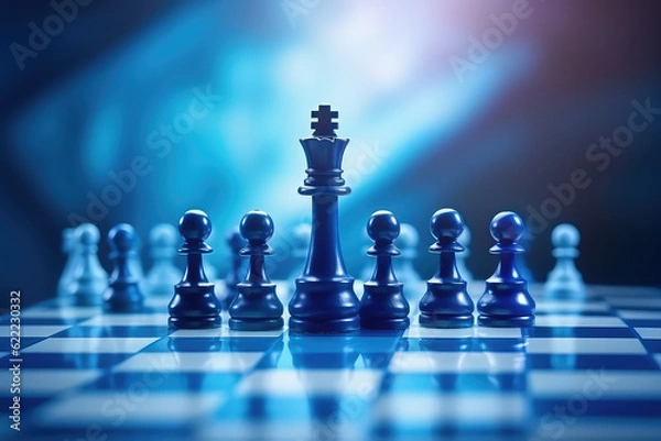 Fototapeta Wallpaper chess pieces on a board. Creative banner for chess school. Blue bright neon colors. Interactive chess. Generative AI 3d render illustration imitation.