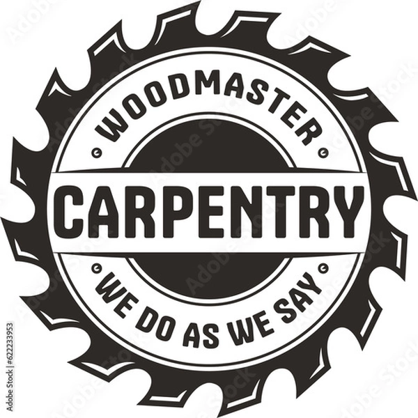 Fototapeta Wood saw for slice of tree or timber for logo and design of workshop or sawmill. Blade or circular saw for sawing of woodmaster or carpenter.