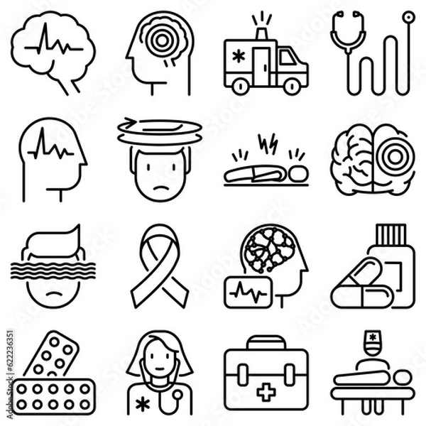 Fototapeta Epilepsy thin line icons set of symptoms and treatments: convulsion, disorder, dizziness, brain scan. World epilepsy day. Vector illustration.
