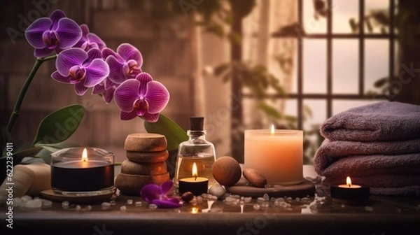 Fototapeta spa with candles and flowers. generative ai