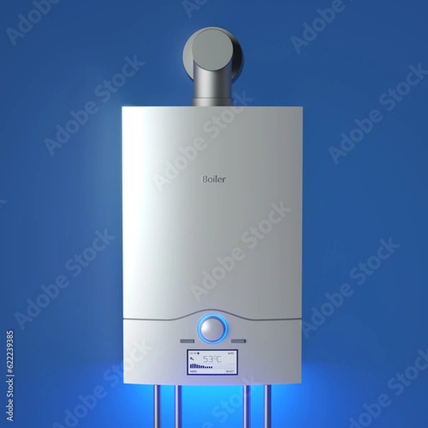 Fototapeta Modern gas boiler on blue background, 3d illustration