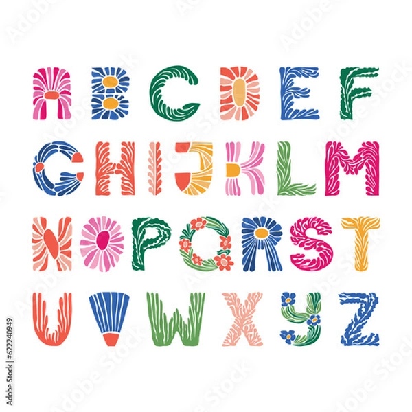Fototapeta Set of floral alphabet letters in abstract style. Vector illustration.
