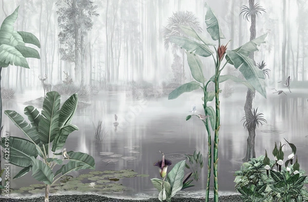 Fototapeta Misty lake in the rainforest texture wallpaper