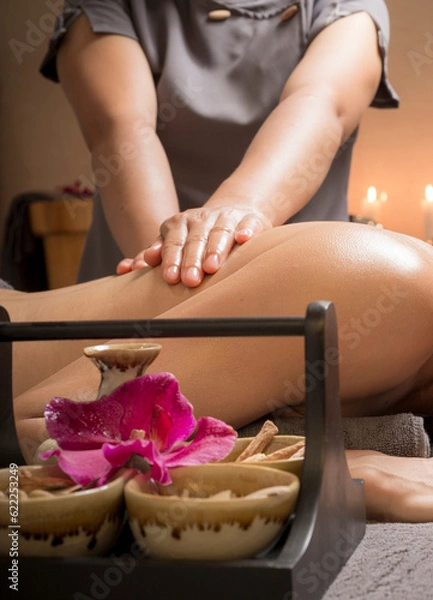 Fototapeta Body massage treatment. Woman having massage in the spa salon. Masseur working on his back.with useful herbs.