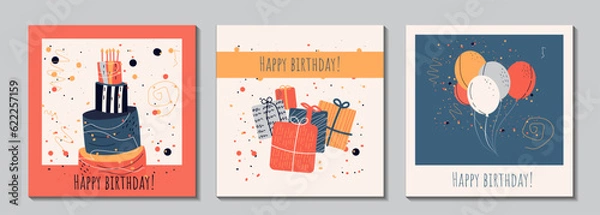 Fototapeta Set of  birthday greeting cards design with cake, balloons and typography design. Abstract universal grunge artistic templates. For poster, business card, invitation, flyer, banner, email header