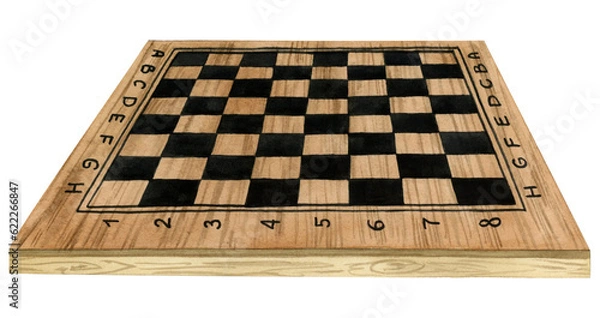 Fototapeta Wooden chess board side view watercolor illustration isolated on white background. Hand drawn brown and black empty desk with no pieces for Chess day designs