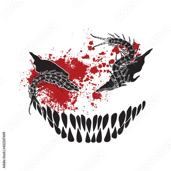 Fototapeta Monster with an angry smile and a scolopendra crawling through its eye sockets vector illustration