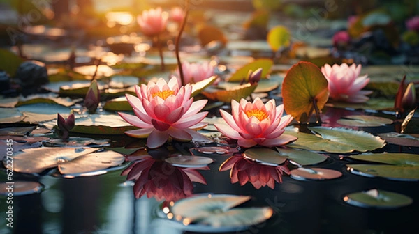 Fototapeta Beautiful pink lotus flowers created with generative AI technology