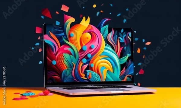Fototapeta Creative idea on a laptop blooming with colors- ai generated