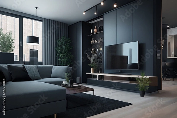 Obraz Charcoal And white color Modern interior design of living room. Get inspired for your living room!