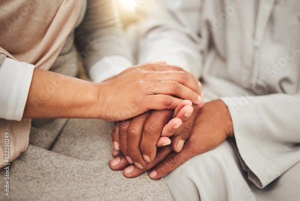 Fototapeta Holding hands closeup, support and empathy, care and love, solidarity and trust with couple in relationship. Help, comfort and bonding with commitment, people together in partnership and marriage