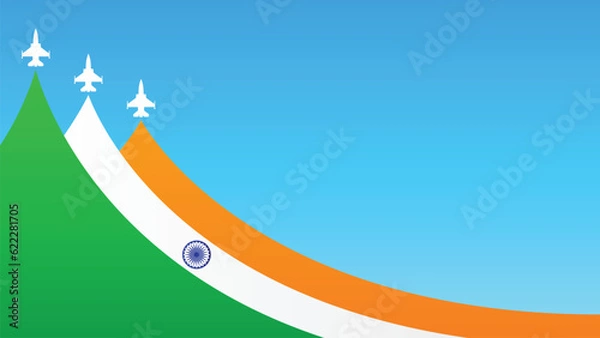 Fototapeta Happy India Independence Day August 15th with flag and fighter jet flying flat style vector illustration