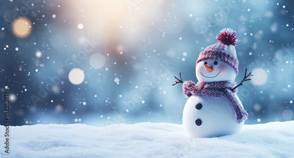 Fototapeta Snowman in Winter Wonderland / Merry Christmas / Cute Red Hat Snowman / Snow – Generative Ai