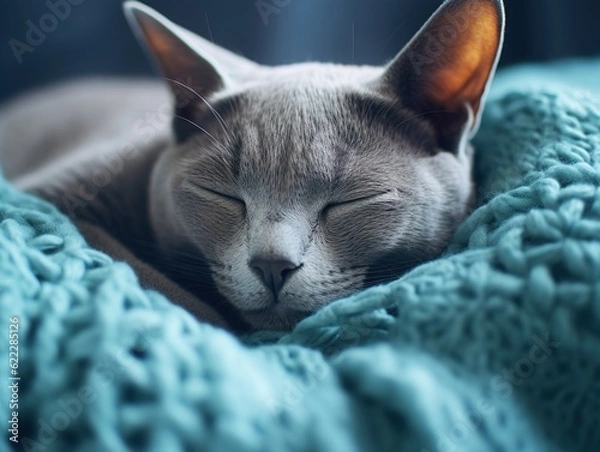 Fototapeta Russian Blue Cat sleeping on a cozy blanket  (Generative AI)